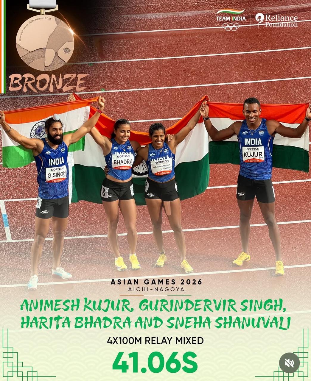 India mixed 4x100m relay team celebrating bronze at the Asian Games 2026: Gurindervir Singh, Harita Bhadra, Sneha S S and Animesh Kujur